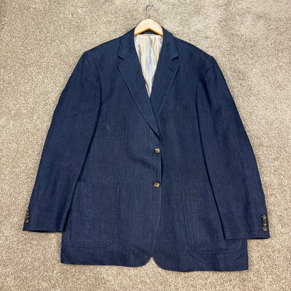 VTG Ibiza Galdana Blazer Mens 46L Navy Blue Linen Herringbone Unstructured Coat